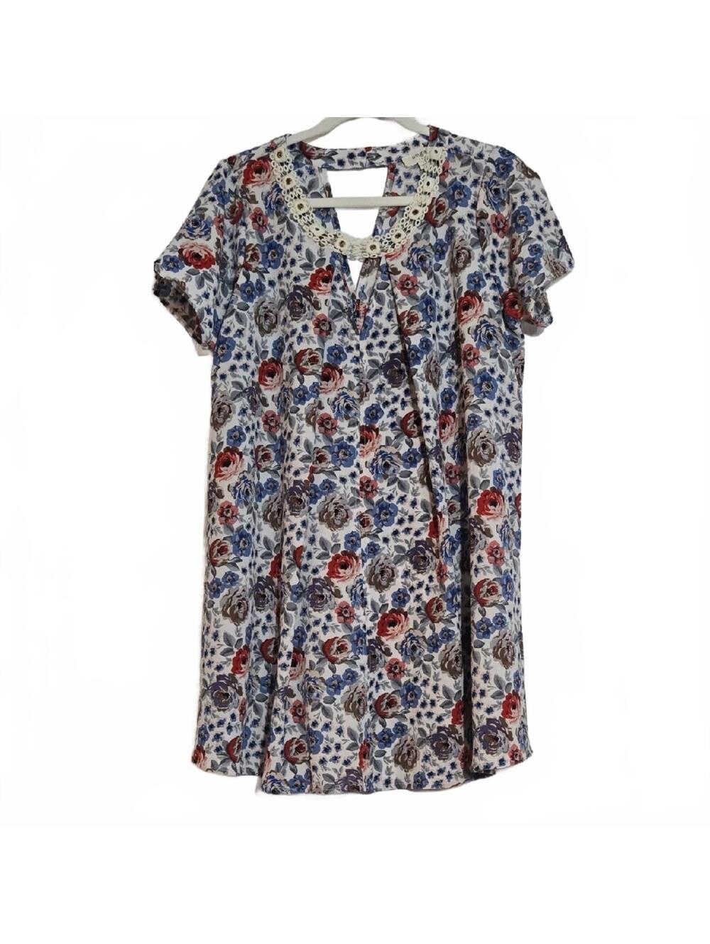 Umgee Red Blue Floral Mini Tunic Dress  Cream Crochet Collar Size Small
